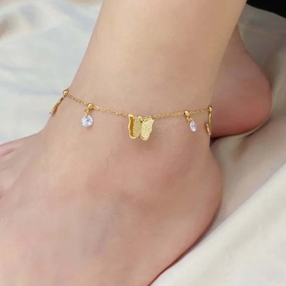 Dangling Butterflies and Diamonds Anklet 18K Gold Plated Stainless Steel